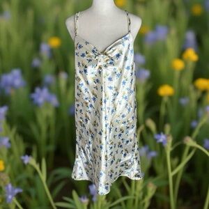 Vintage 80s Satin Floral Cottagecore Slip Dress  Large Romantic Dainty Coquette